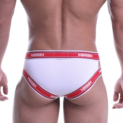 White mesh MetroMaleWear power mesh hip briefs with red and white striped elastic bands and avinny logo
