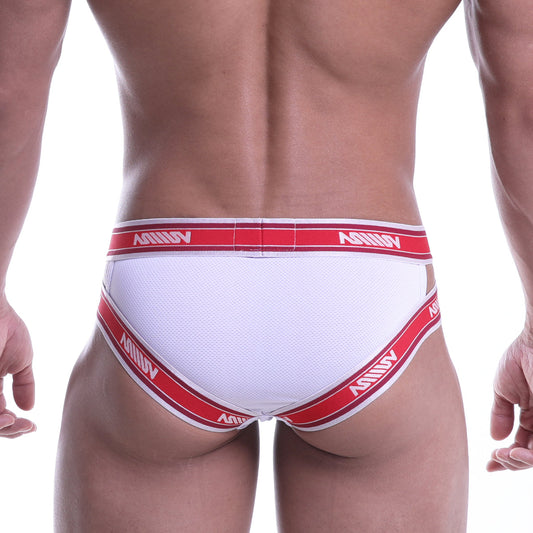 White mesh MetroMaleWear power mesh hip briefs with red and white striped elastic bands and avinny logo