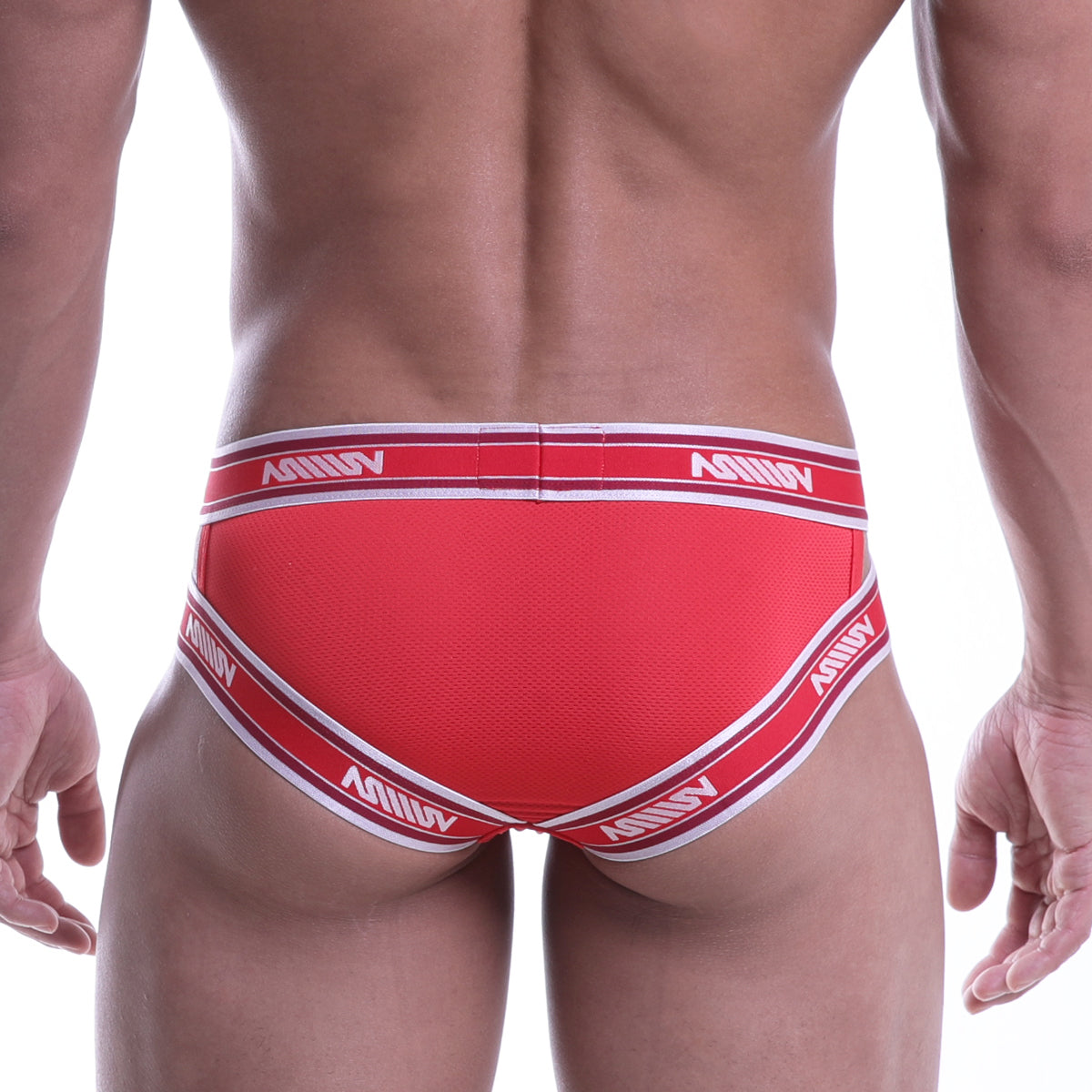 Red metro malewear power mesh hip brief with white trim and repeating milliv logo on waistband and leg openings