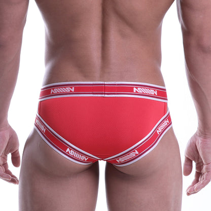 Red metro malewear power mesh hip brief with white trim and repeating milliv logo on waistband and leg openings