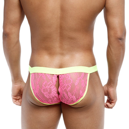 Pink lace thong bikini with neon yellow waistband from metromalewear peek-a-boo bikini pink 1204-02 collection