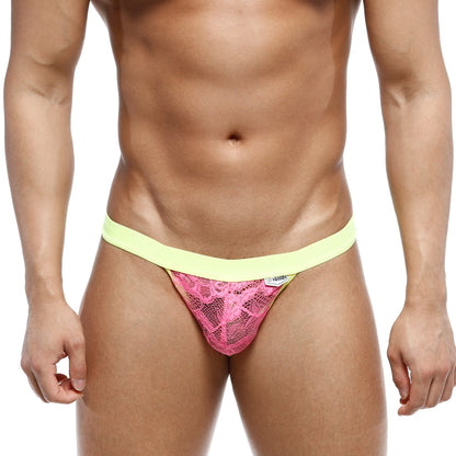 Bright pink MetroMaleWear Peek-A-Boo Bikini thong with neon yellow waistband made of lace material