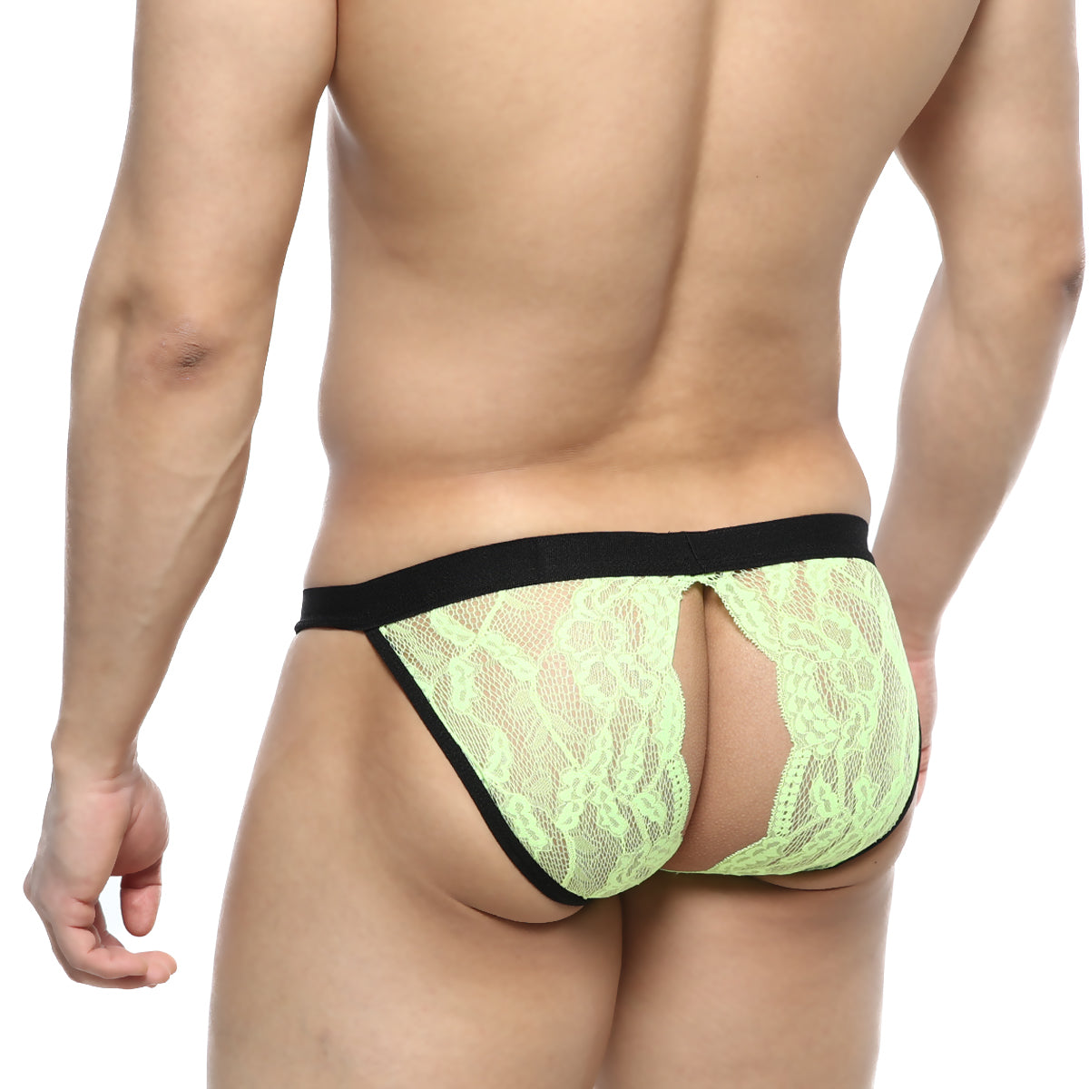 Lime green lace thong with black elastic waistband front view from metrmalewear peek-a-boo bikini green 1204-07