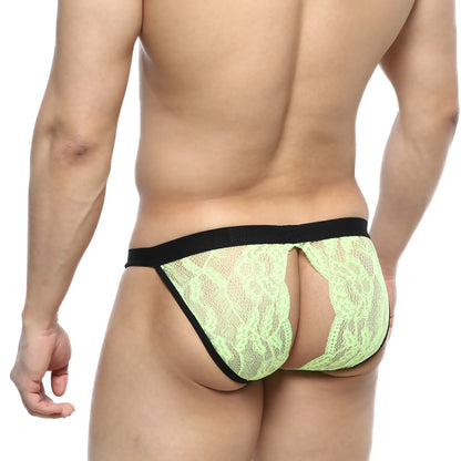 Lime green lace thong with black elastic waistband front view from metrmalewear peek-a-boo bikini green 1204-07