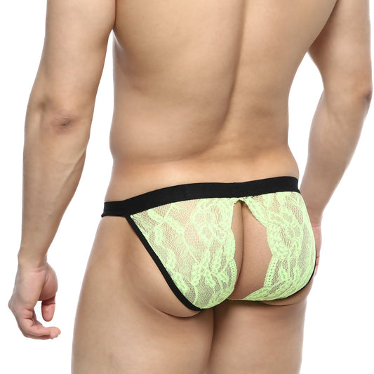 Lime green lace thong with black elastic waistband front view from metrmalewear peek-a-boo bikini green 1204-07