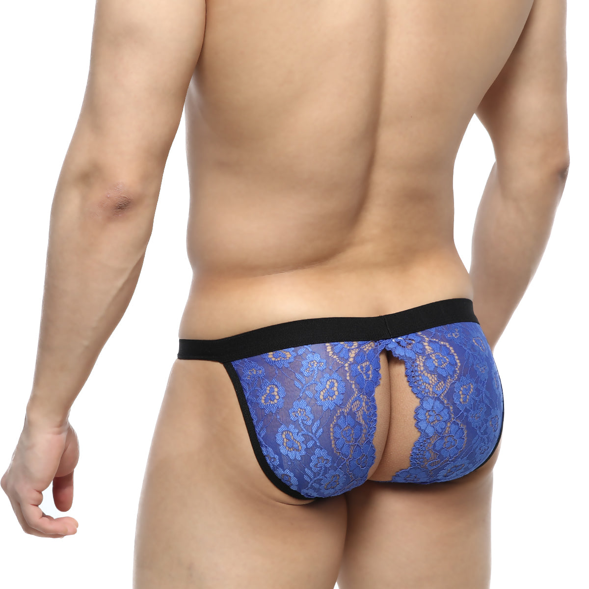 Blue lace thong bikini with black elastic waistband and side trim from metromalewear peek-a-boo royal 1204-18