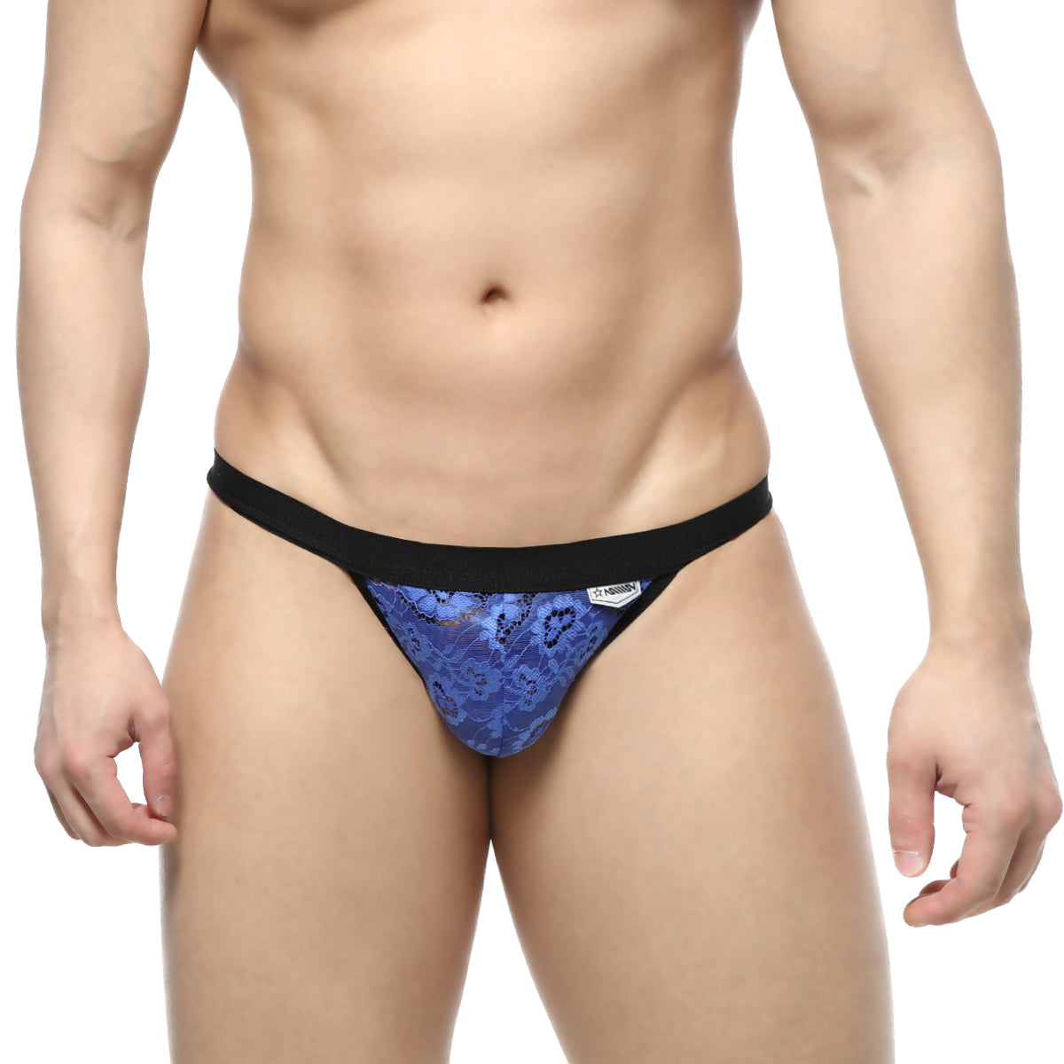 MetroMaleWear Peek-A-Boo bikini royal blue lace thong with a black waistband front view, delicate lace material