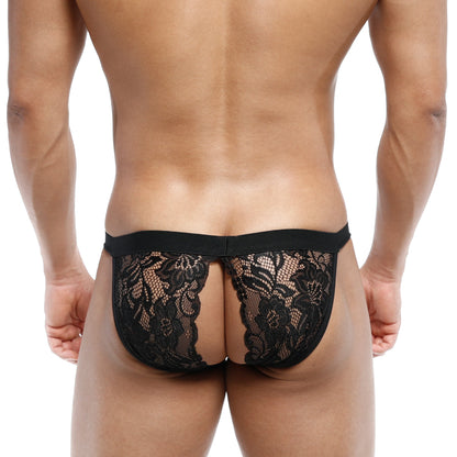MetroMaleWear Peek-A-Boo bikini black lace thong with intricate floral patterns and solid elastic waistband