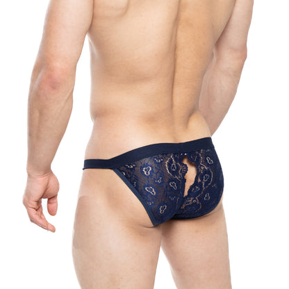 Navy blue lace thong with intricate paisley pattern and central cutout detail by metromalewear peek-a-boo bikini 1204-28