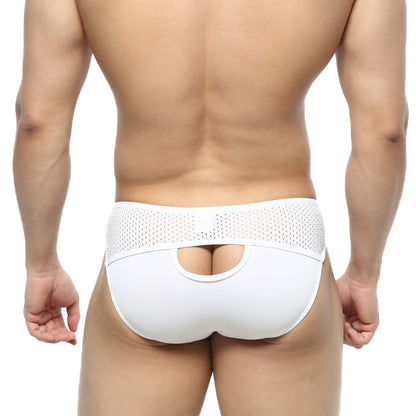 MetroMaleWear Contento bikini white briefs with a mesh back, central cutout, and smooth fabric front
