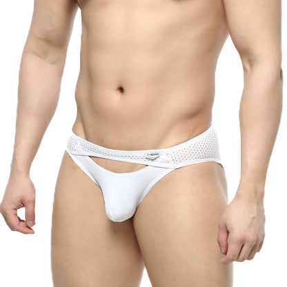 MetroMaleWear Contento Bikini white men’s briefs with sleek form-fitting design and white mesh trim