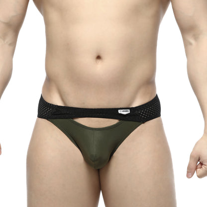 Olive green mesh-trimmed briefs with black elastic waistband and white brand tag metro male wear contento bikini khaki
