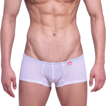 White mesh briefs with subtle dot pattern and red MetroMaleWear brand tag on waistband for comfortable wear