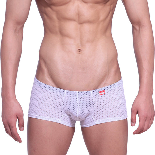 White mesh briefs with subtle dot pattern and red MetroMaleWear brand tag on waistband for comfortable wear