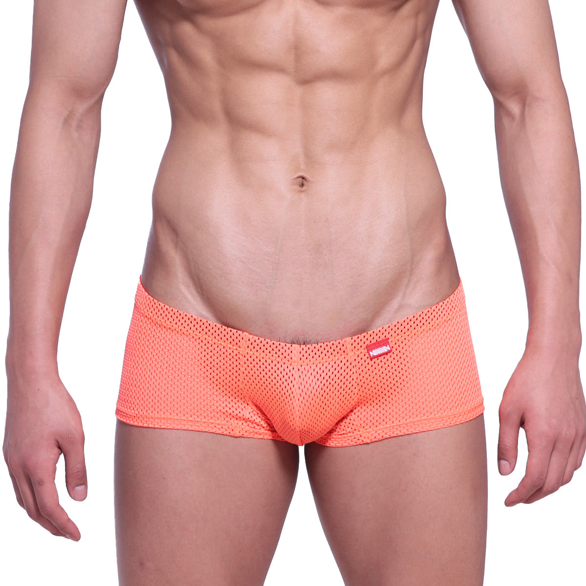 Orange mesh briefs with neon boxer style and small red and white logo on the waistband by metromalewear