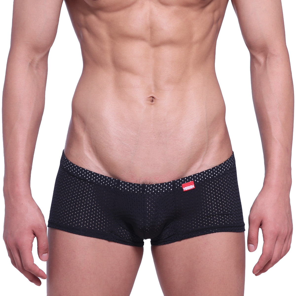 MetroMalewear neon boxer black mesh briefs with subtle white dots and red brand tag on waistband front view