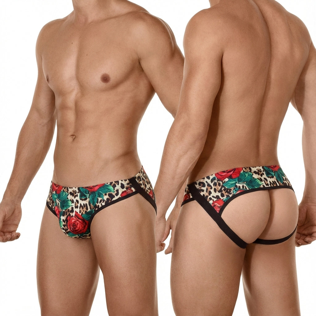 MetroMalewear despejado jock strap rosee 1301-81 vibrant floral and leopard print briefs with red roses green leaves and black trim