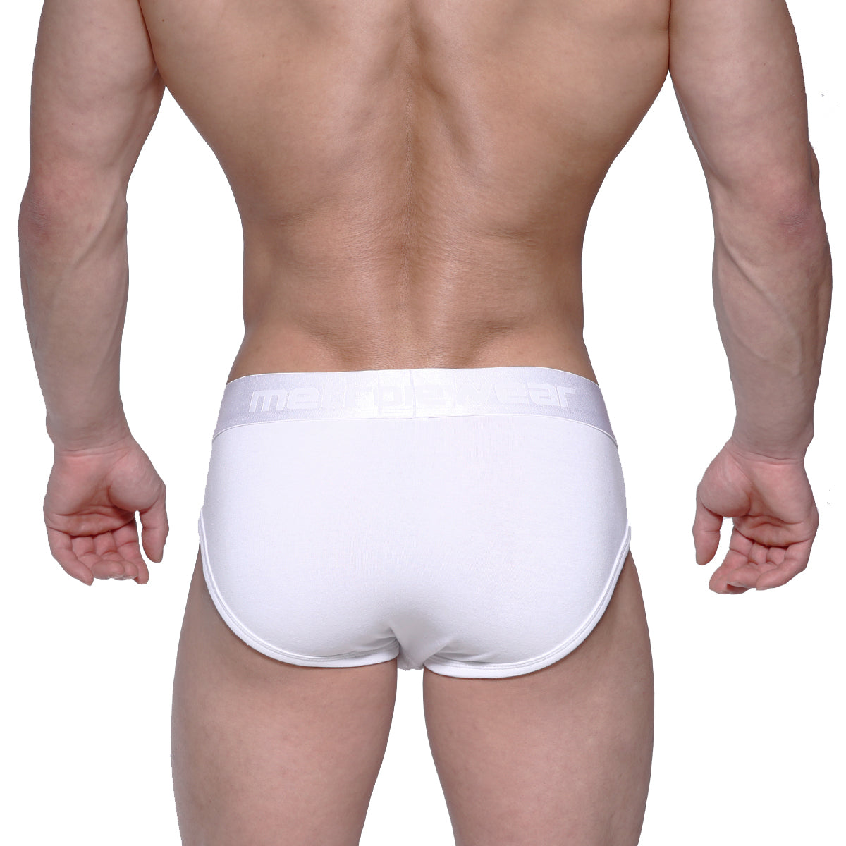 White mens briefs metro male wear profile hip brief 1303-00 with subtle elastic waistband and light gray brand name lettering