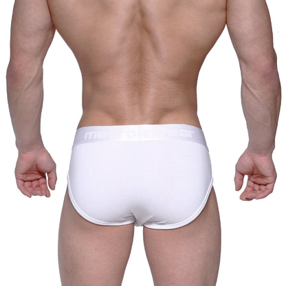 White mens briefs metro male wear profile hip brief 1303-00 with subtle elastic waistband and light gray brand name lettering
