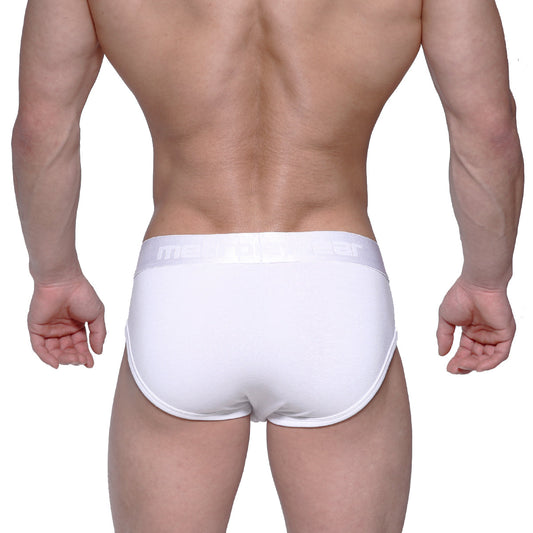 White mens briefs metro male wear profile hip brief 1303-00 with subtle elastic waistband and light gray brand name lettering