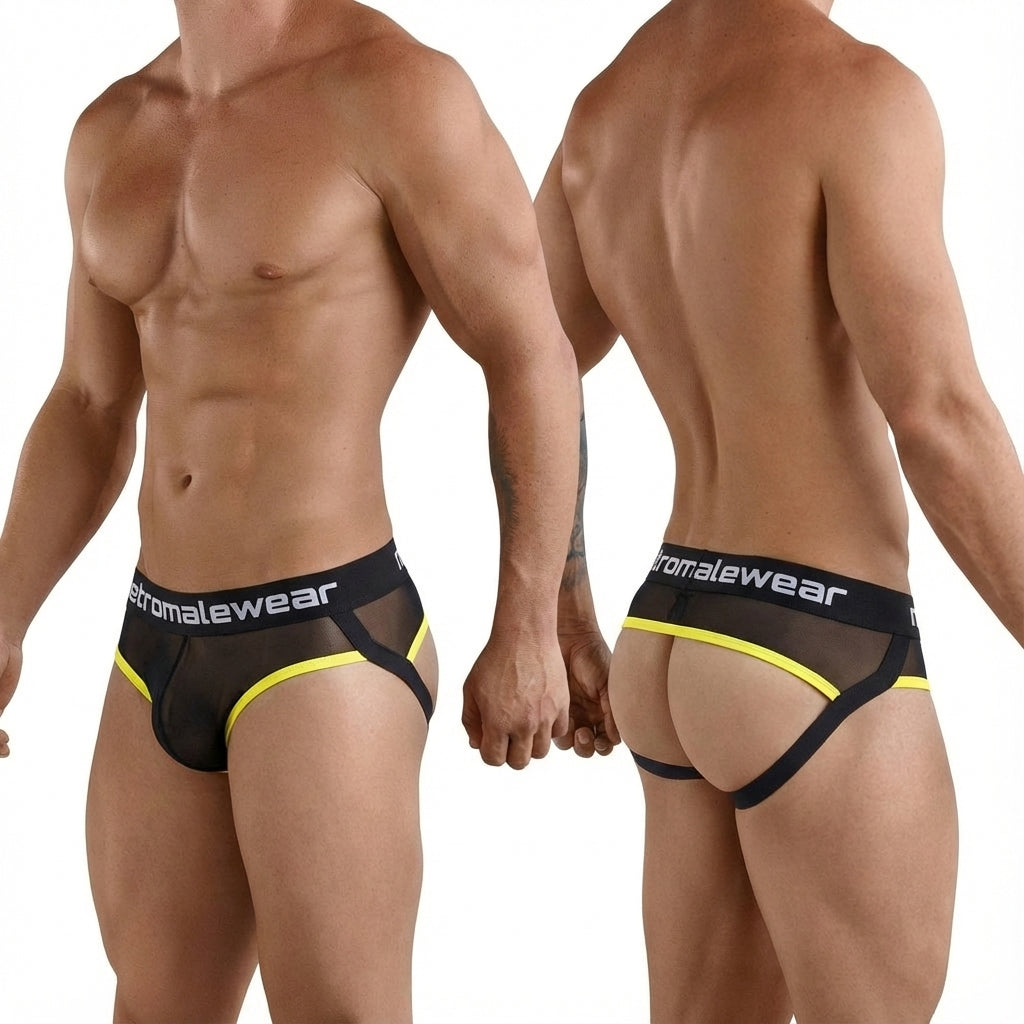 Black and yellow mesh briefs with bold athletic design from metromalewear tequila jock strap 1331-20