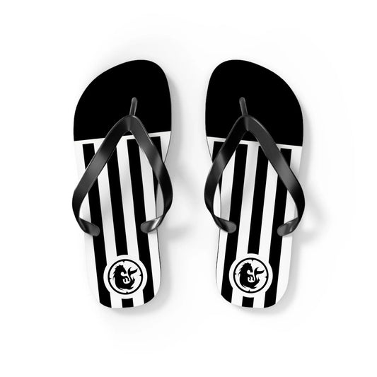Black and white striped flip-flops with black straps featuring a logo by Maris Equi.