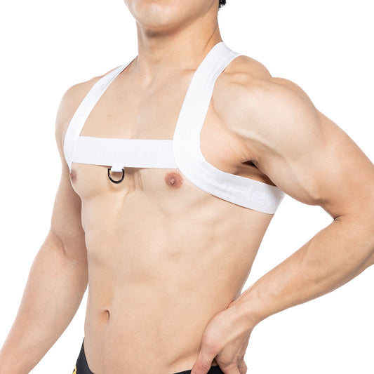 White fabric brutal harness by metro malewear with adjustable shoulder straps and central metal ring