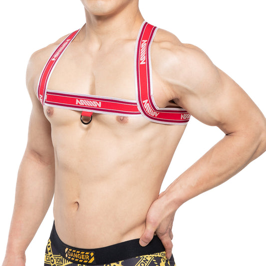 MetroMaleWear brutal harness red 1400-12 red and white striped with black metal ring at center for secure fit