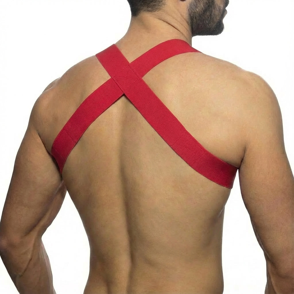 MetroMalewear winning harness red with elastic cross-back straps shown from the back side