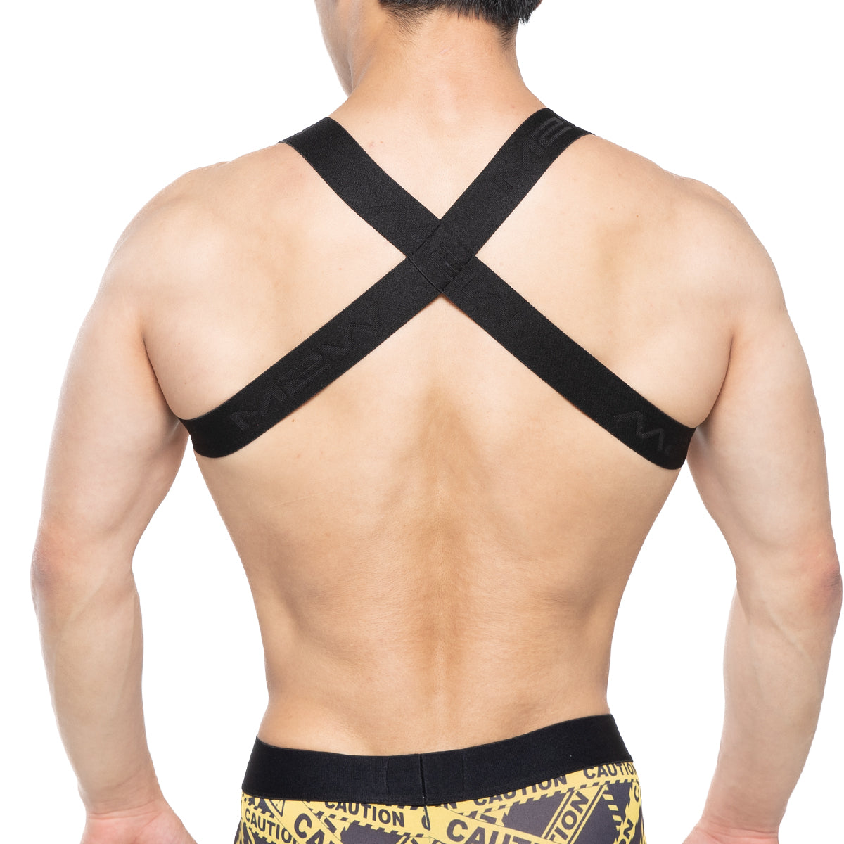 Black cross-back athletic support strap with subtle embossed branding shown from the back side
