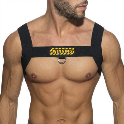 Black fabric shoulder harness with yellow and black winning logo patch and silver metal ring metroMalewear 1400-21