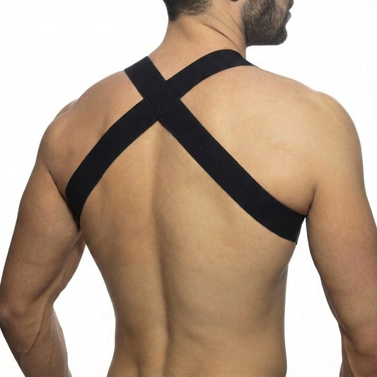 Black elastic strap harness worn across the back metro malewear stars harness 1400-40 for fashion or performance