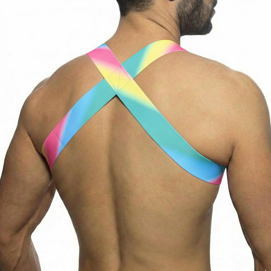 Vibrant rainbow-colored crossback sports bra with smooth stretchy fabric from metromalewear pastel harness 1400-50