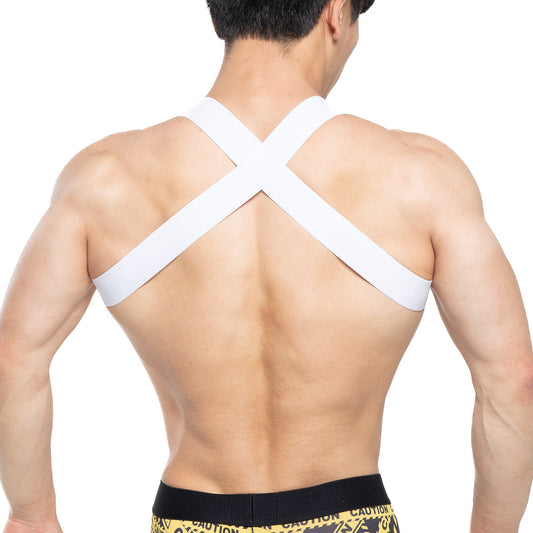 Back view of metro malewear warning harness 1400-62 white cross-back athletic support strap over shoulders