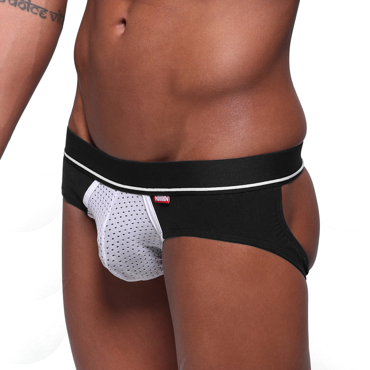 Black and white mesh briefs with red anindy logo on waistband metro male wear carioca jock strap black 1401-30