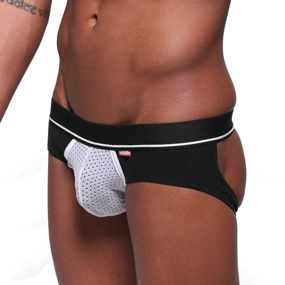 Black and white mesh briefs with red anindy logo on waistband metro male wear carioca jock strap black 1401-30