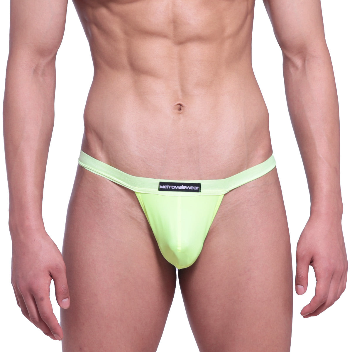 Bright lime green neon big pouch thong with black metromalewear label on the waistband for men