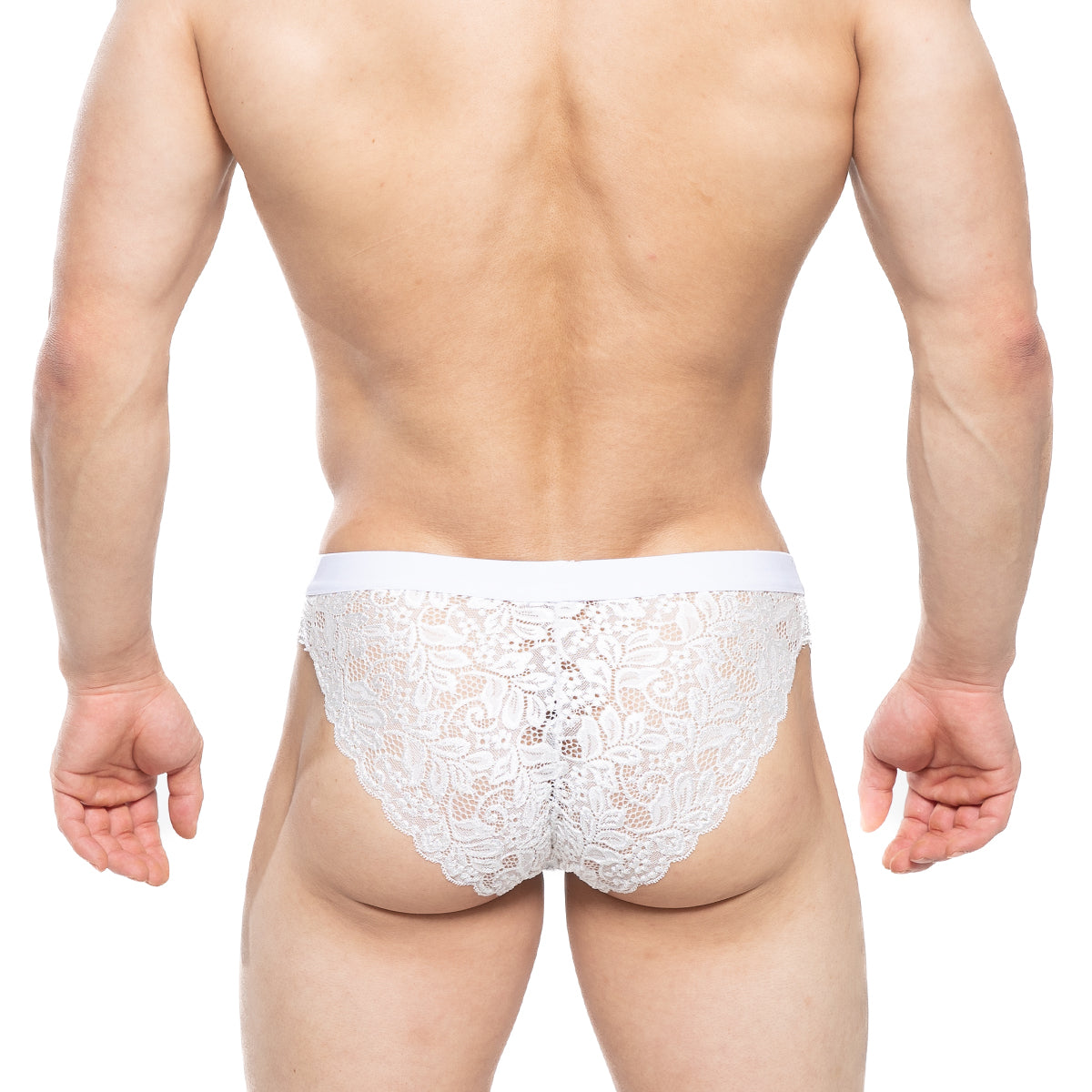 Metro male wear todd brief white 1403-00 white lace briefs with delicate floral patterns and scalloped edge