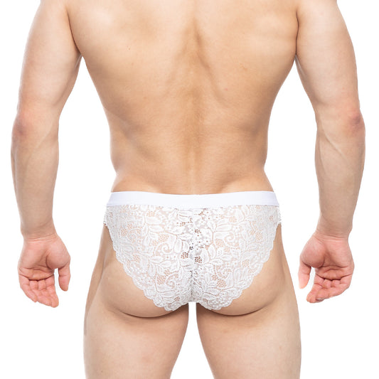 Metro male wear todd brief white 1403-00 white lace briefs with delicate floral patterns and scalloped edge