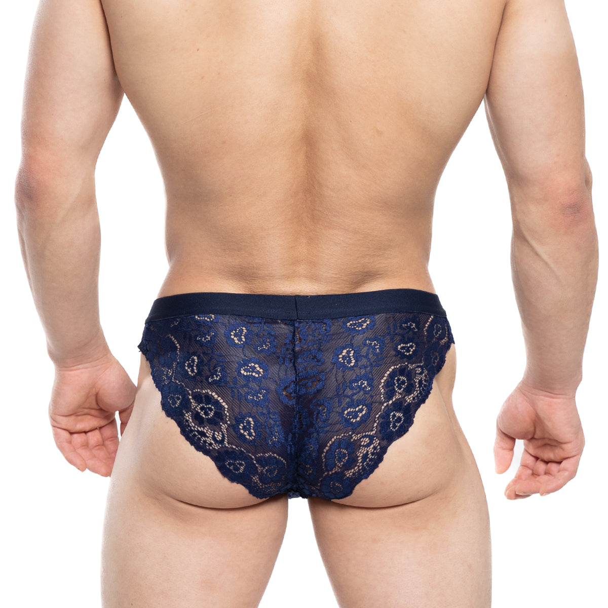 Navy blue lace briefs with intricate floral patterns and solid waistband from metromalewear todd brief dark blue 1403-28