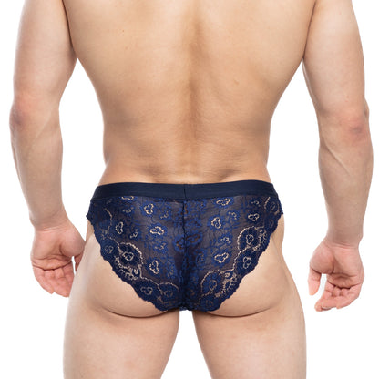 Navy blue lace briefs with intricate floral patterns and solid waistband from metromalewear todd brief dark blue 1403-28
