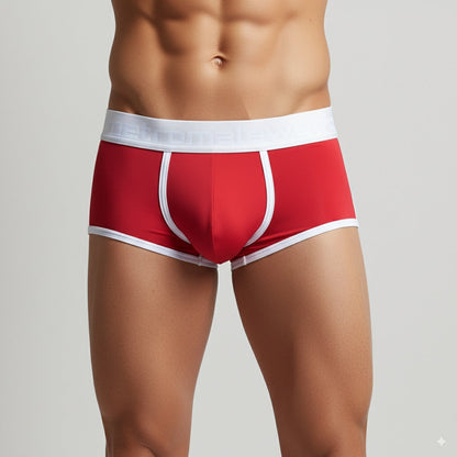 Red men’s briefs with white trim and branded waistband from metromalewear palma boxer jock red 1413-12