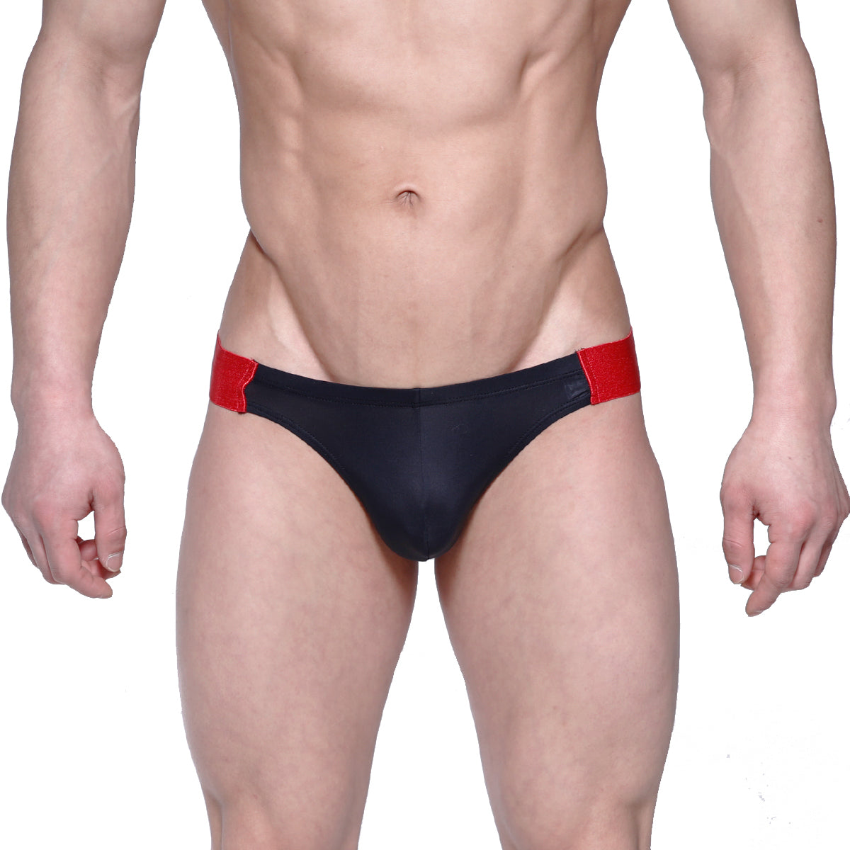 Black swim trunks with red side panels by Metromalewear suitable for swimming and beachwear