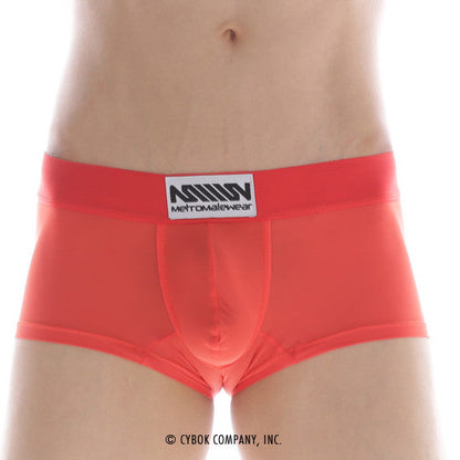 Bright red form-fitting men’s briefs with a white metromalewear label metro malewear minimo waistband boxer red 2033-12