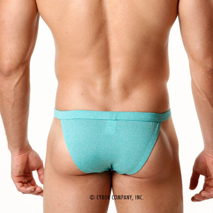 Tealmalewear modern bikini briefs in glittery teal fabric designed for stylish men’s swimwear or underwear use