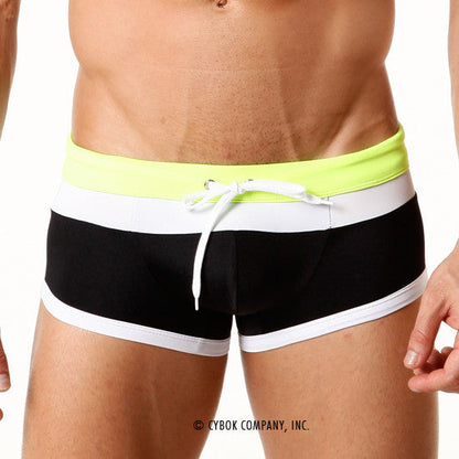 MetroMaleWear Trio swim trunk black 4913-20 with black and white stripes and neon yellow waistband and drawstring