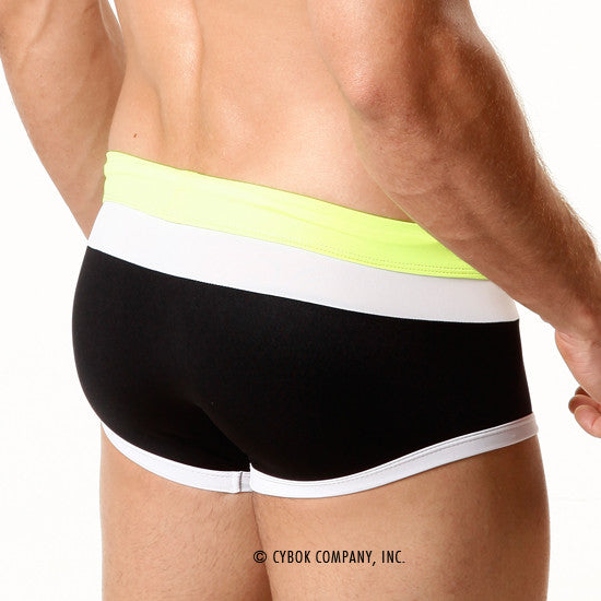 Black metroMalewear trio swim trunk briefs with bright neon yellow and white striped waistband front view