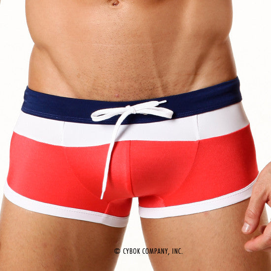 MetroMaleWear trio swim trunk red 4913-12 with red white and navy blue stripes and white drawstring for swimming