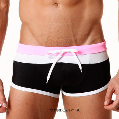 MetroMaleWear trio swim trunk pink 4913-02 black and white striped swim shorts with bright pink waistband and white drawstring