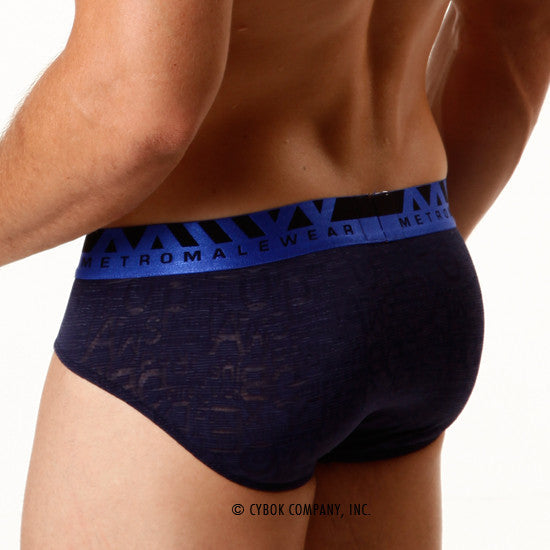 Navy blue textured MetroMaleWear carve hip briefs with bold blue elastic waistband and black logo lettering